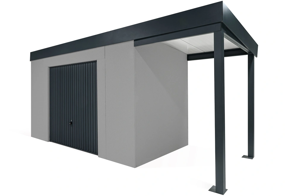 GARDEON® Zahradní domek s garážovými vraty Hörmann a přístřeškem