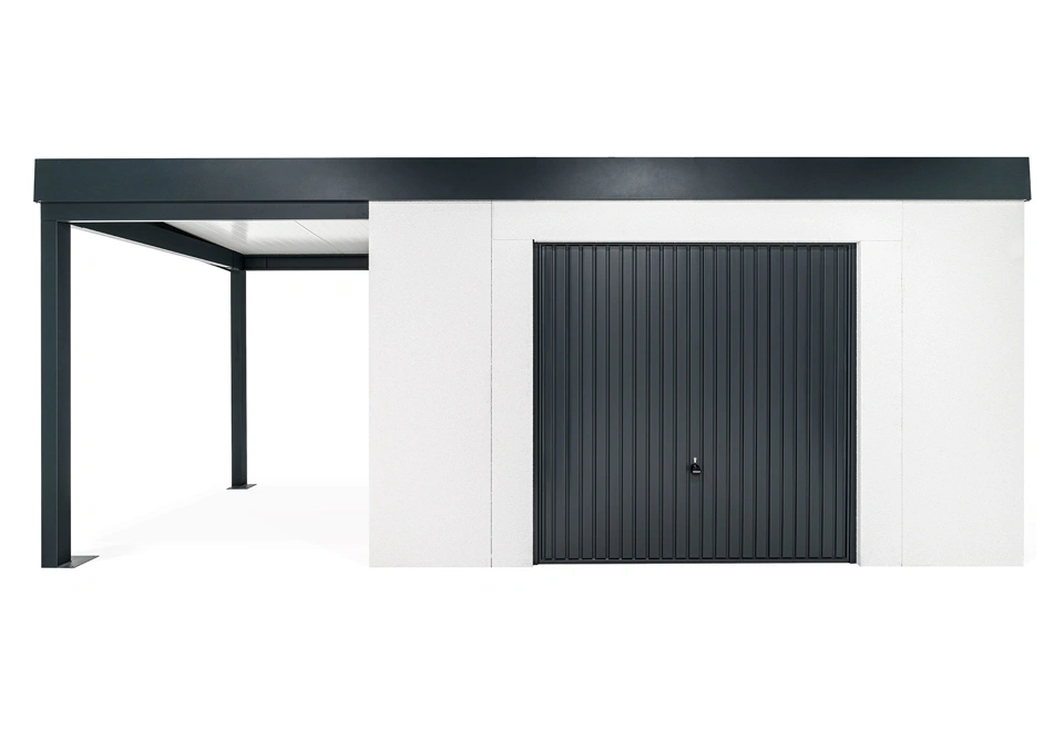 GARDEON® Zahradní domek s garážovými vraty Hörmann a přístřeškem