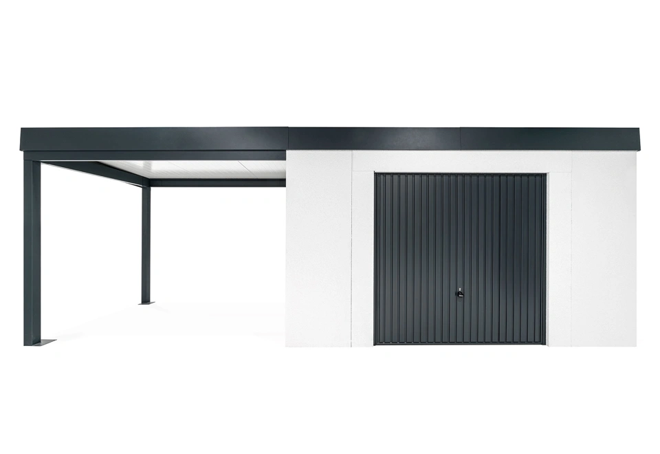 GARDEON® Zahradní domek s garážovými vraty Hörmann a přístřeškem