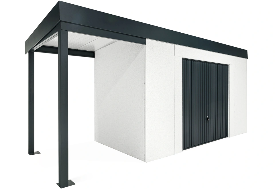 GARDEON® Zahradní domek s garážovými vraty Hörmann a přístřeškem