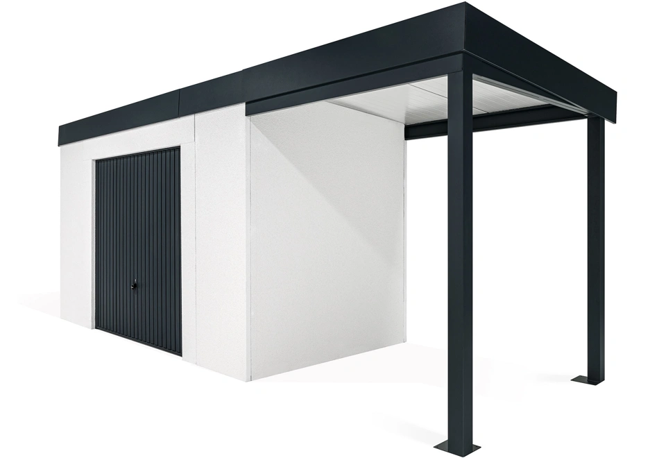 GARDEON® Zahradní domek s garážovými vraty Hörmann a přístřeškem