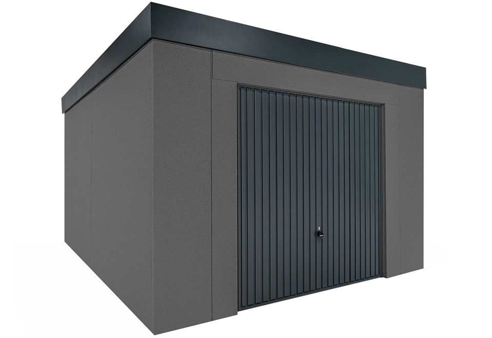 Garden house with Hormann garage door in dark grey