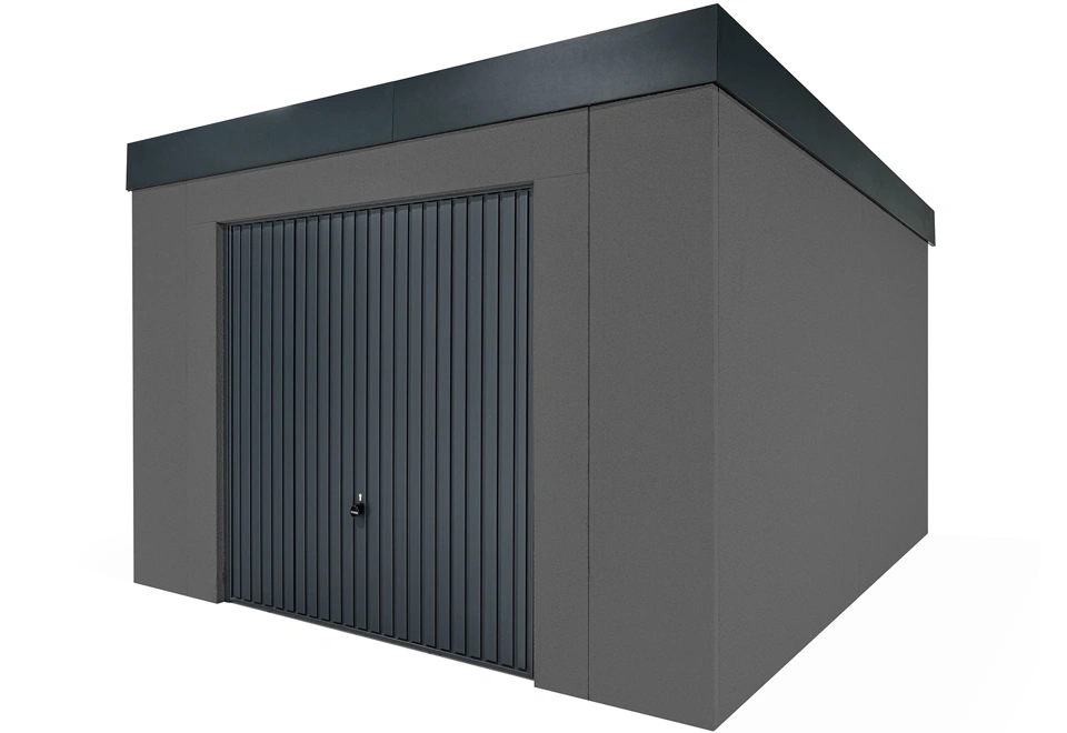 Garden house 3,5m x 4m with Hormann garage door in dark grey 