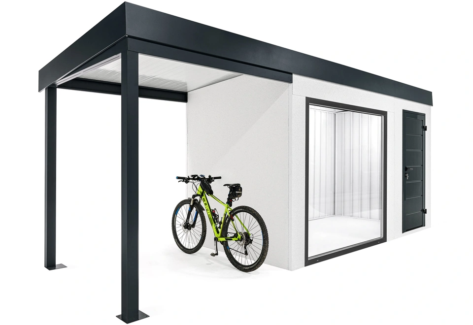 GARDEON® Zahradní domek s panoramatickým oknem, dveřmi Hörmann a přístřeškem