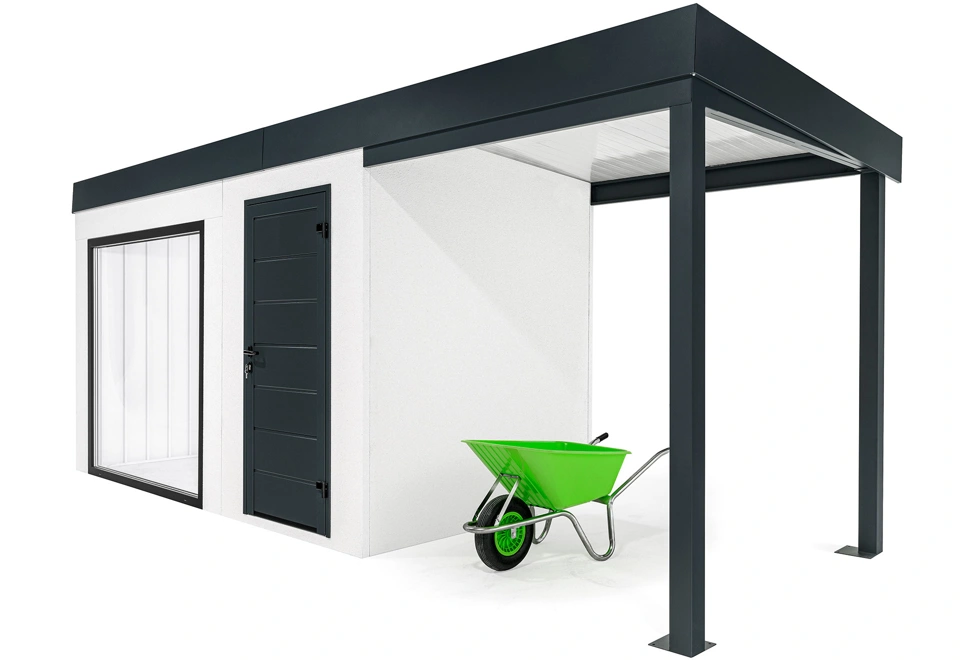 GARDEON® Zahradní domek s panoramatickým oknem, dveřmi Hörmann a přístřeškem