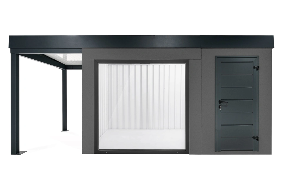 GARDEON® Zahradní domek s panoramatickým oknem, dveřmi Hörmann a přístřeškem