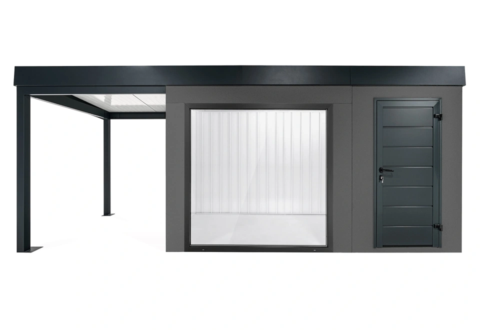 GARDEON® Zahradní domek s panoramatickým oknem, dveřmi Hörmann a přístřeškem