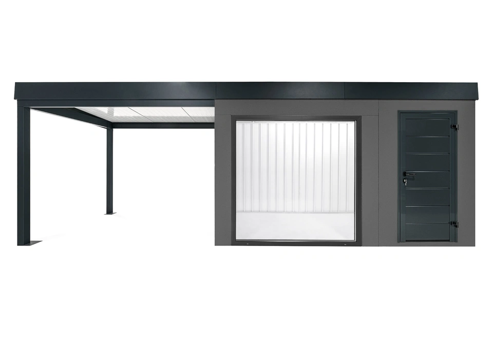 GARDEON® Zahradní domek s panoramatickým oknem, dveřmi Hörmann a přístřeškem