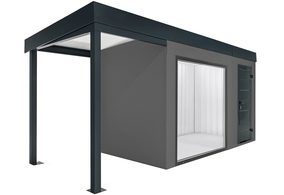 GARDEON® Zahradní domek s panoramatickým oknem, dveřmi Hörmann a přístřeškem