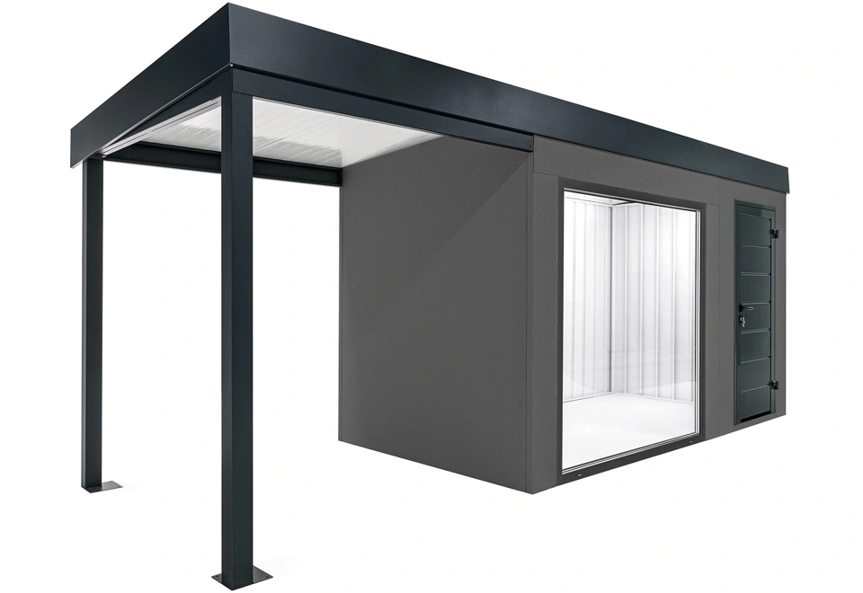 GARDEON® Zahradní domek s panoramatickým oknem, dveřmi Hörmann a přístřeškem