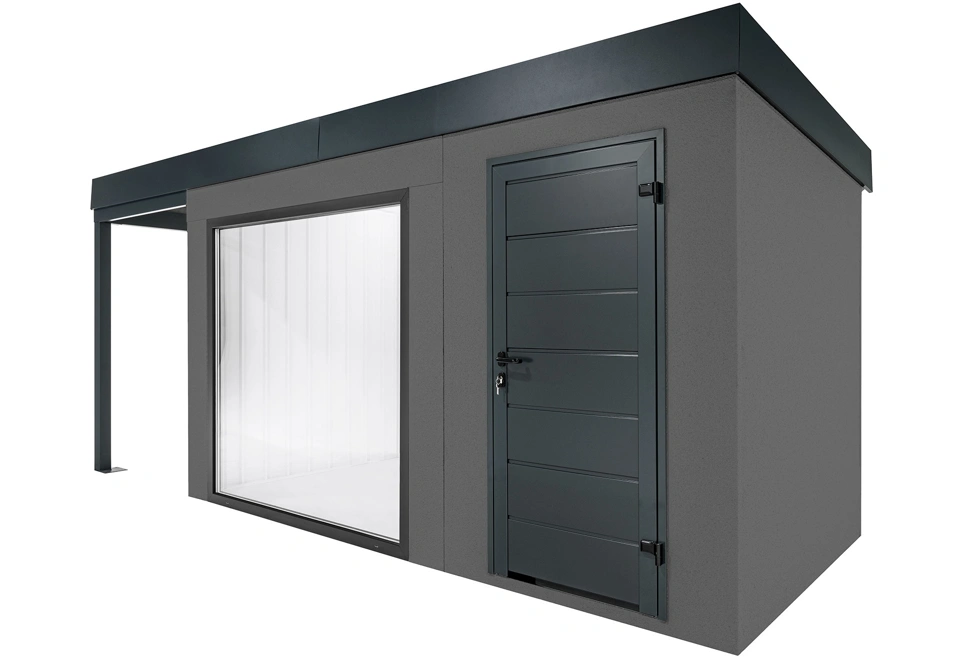 GARDEON® Zahradní domek s panoramatickým oknem, dveřmi Hörmann a přístřeškem