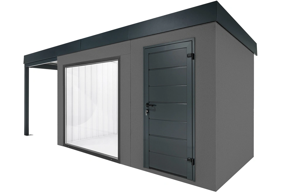 GARDEON® Zahradní domek s panoramatickým oknem, dveřmi Hörmann a přístřeškem