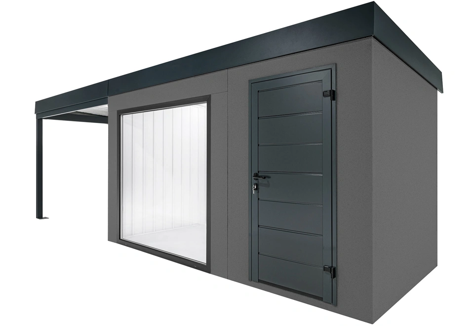 GARDEON® Zahradní domek s panoramatickým oknem, dveřmi Hörmann a přístřeškem