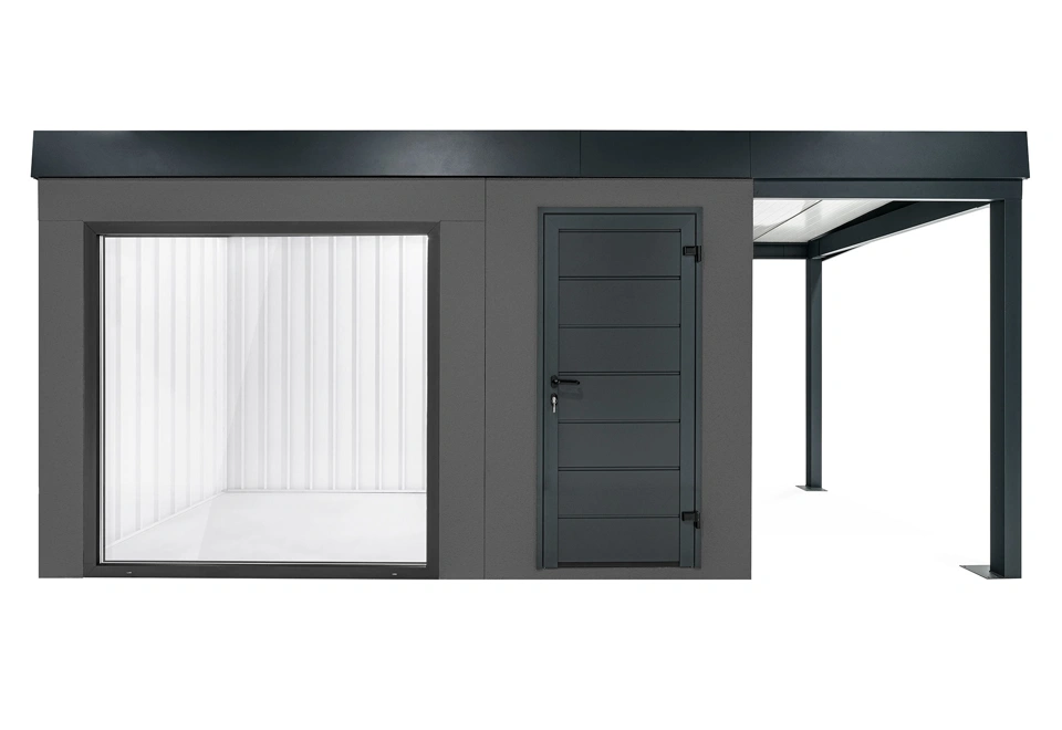 GARDEON® Zahradní domek s panoramatickým oknem, dveřmi Hörmann a přístřeškem