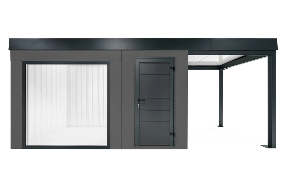 GARDEON® Zahradní domek s panoramatickým oknem, dveřmi Hörmann a přístřeškem