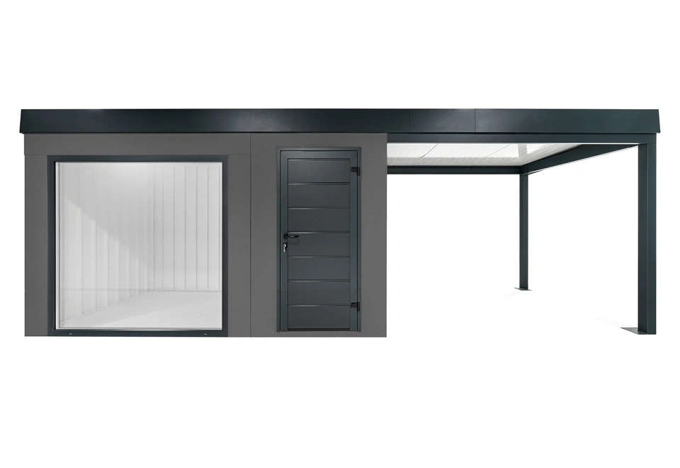 GARDEON® Zahradní domek s panoramatickým oknem, dveřmi Hörmann a přístřeškem