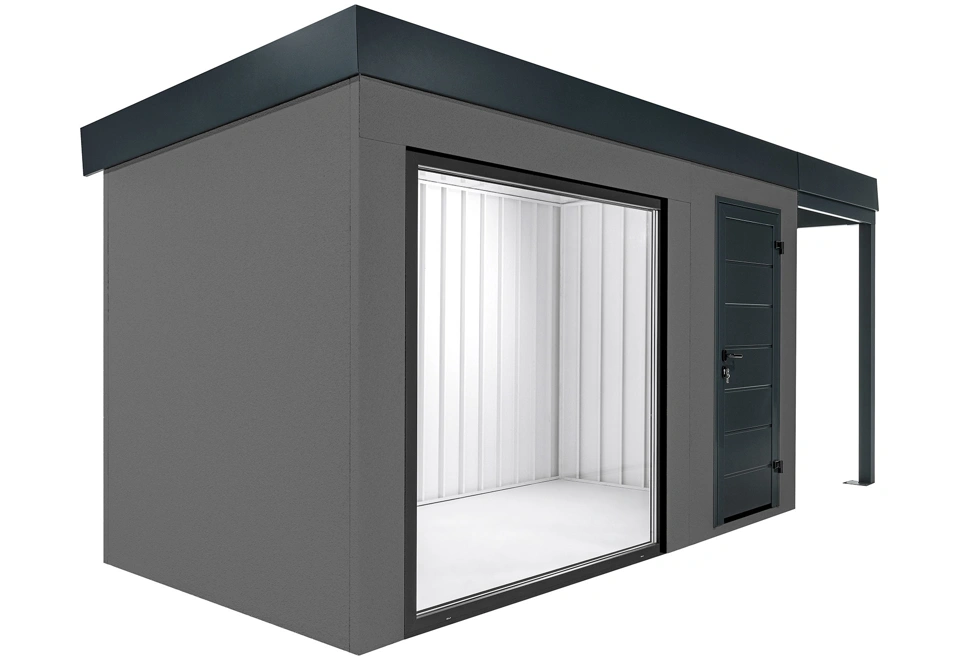 GARDEON® Zahradní domek s panoramatickým oknem, dveřmi Hörmann a přístřeškem