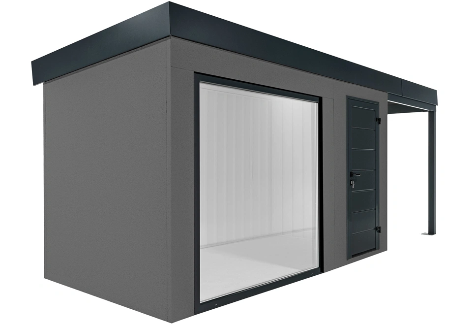 GARDEON® Zahradní domek s panoramatickým oknem, dveřmi Hörmann a přístřeškem