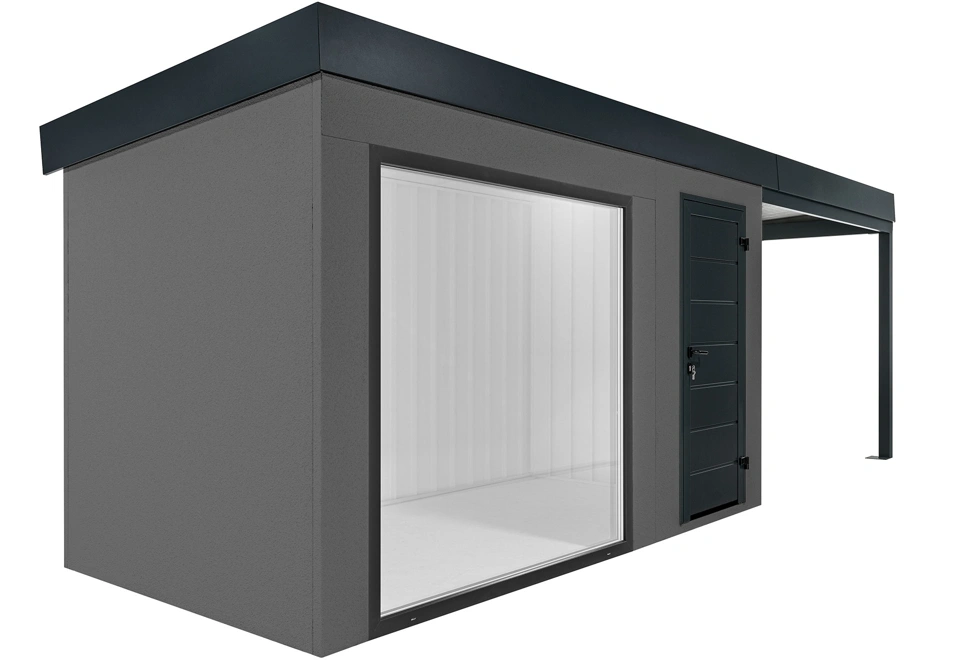 GARDEON® Zahradní domek s panoramatickým oknem, dveřmi Hörmann a přístřeškem