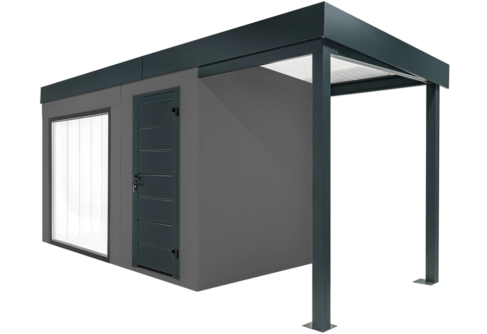 GARDEON® Zahradní domek s panoramatickým oknem, dveřmi Hörmann a přístřeškem