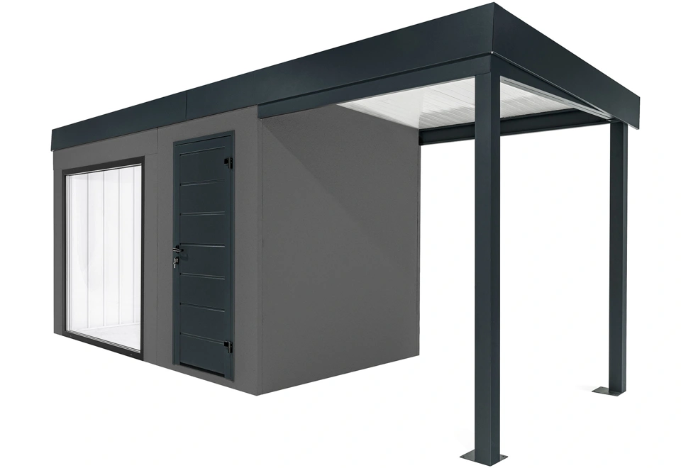 GARDEON® Zahradní domek s panoramatickým oknem, dveřmi Hörmann a přístřeškem