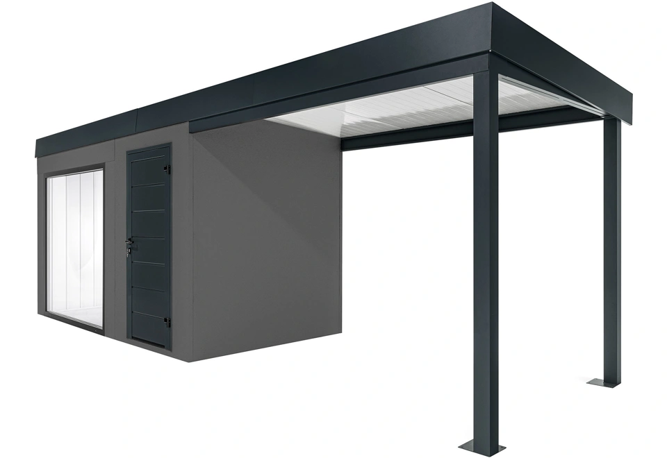 GARDEON® Zahradní domek s panoramatickým oknem, dveřmi Hörmann a přístřeškem