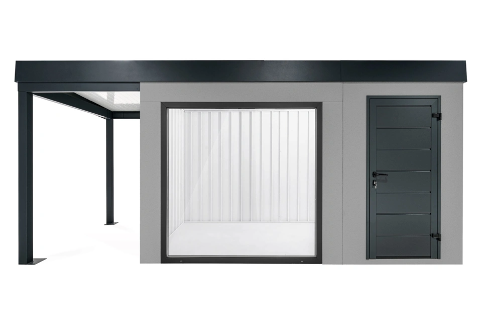 GARDEON® Zahradní domek s panoramatickým oknem, dveřmi Hörmann a přístřeškem