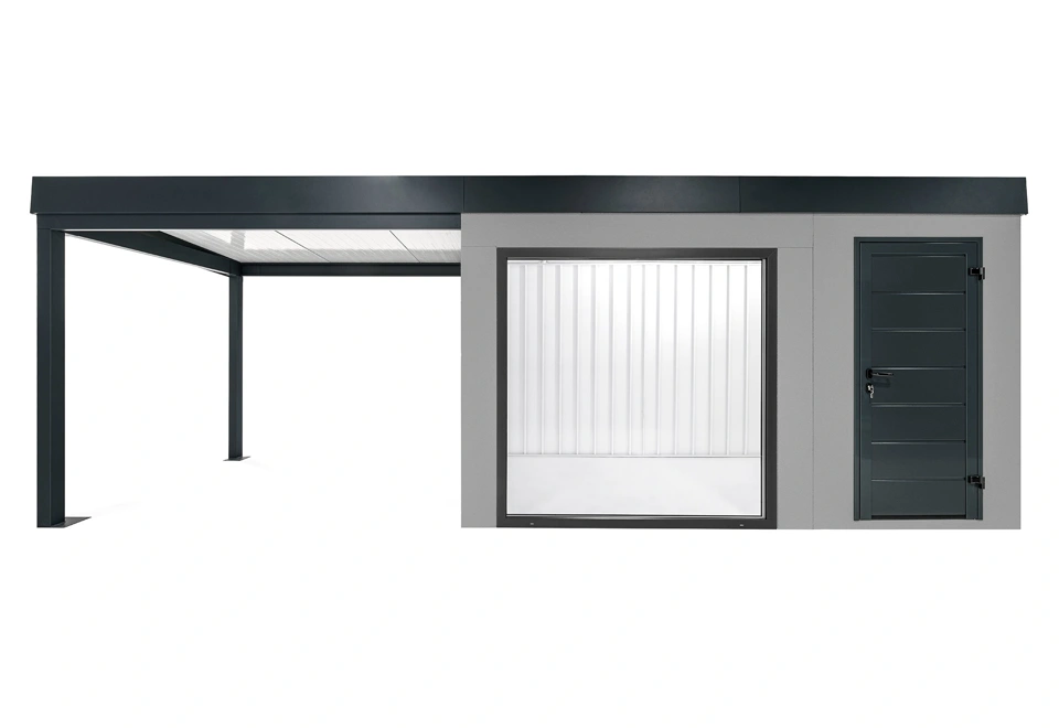 GARDEON® Zahradní domek s panoramatickým oknem, dveřmi Hörmann a přístřeškem