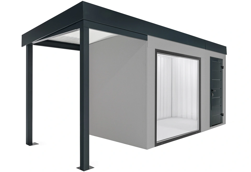 GARDEON® Zahradní domek s panoramatickým oknem, dveřmi Hörmann a přístřeškem