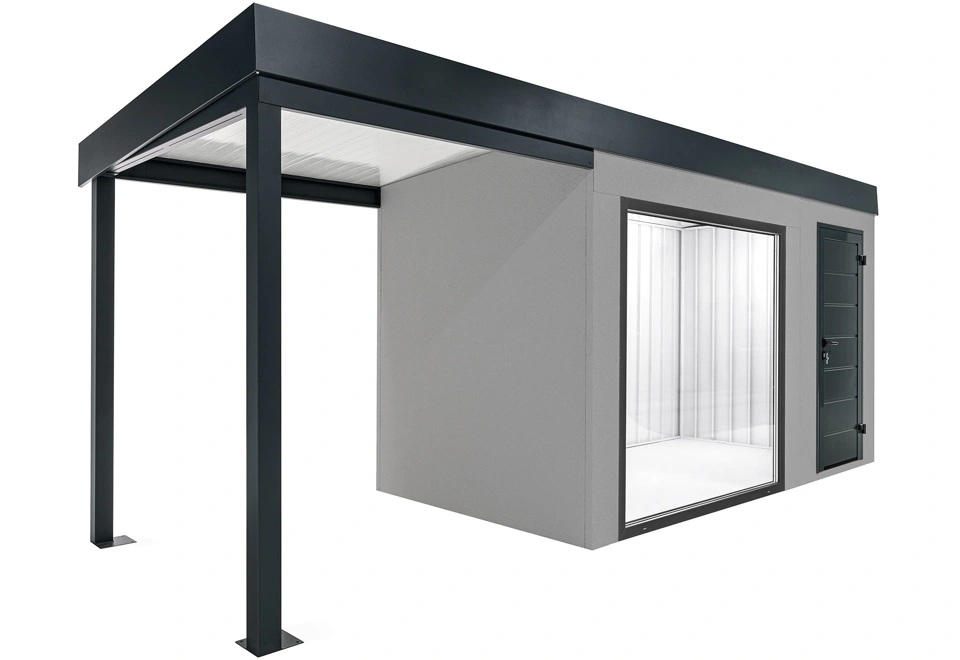 GARDEON® Zahradní domek s panoramatickým oknem, dveřmi Hörmann a přístřeškem