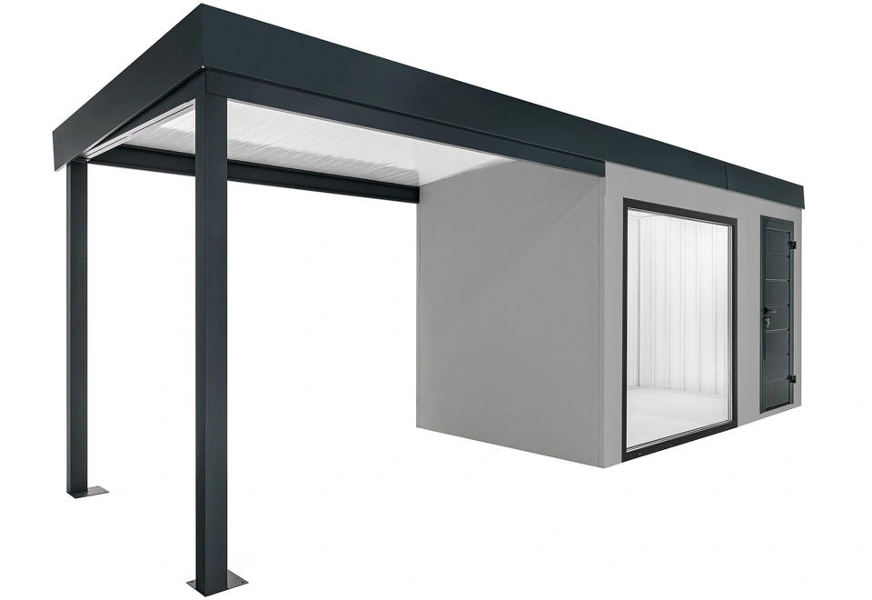 GARDEON® Zahradní domek s panoramatickým oknem, dveřmi Hörmann a přístřeškem