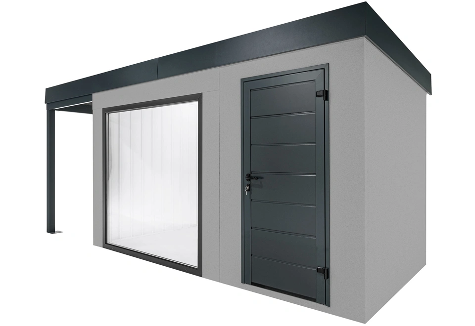 GARDEON® Zahradní domek s panoramatickým oknem, dveřmi Hörmann a přístřeškem