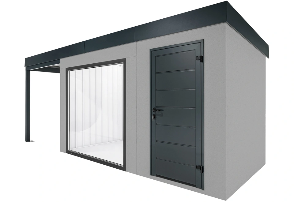 GARDEON® Zahradní domek s panoramatickým oknem, dveřmi Hörmann a přístřeškem