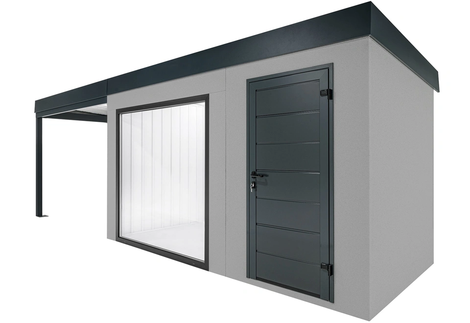 GARDEON® Zahradní domek s panoramatickým oknem, dveřmi Hörmann a přístřeškem
