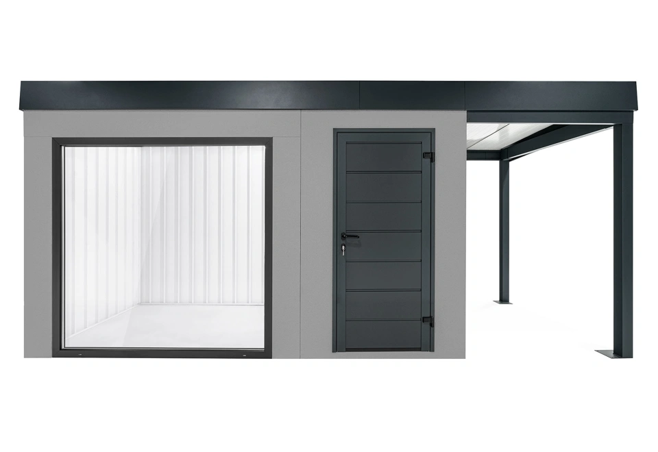 GARDEON® Zahradní domek s panoramatickým oknem, dveřmi Hörmann a přístřeškem