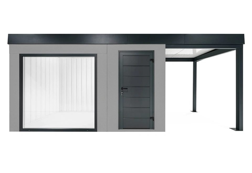 GARDEON® Zahradní domek s panoramatickým oknem, dveřmi Hörmann a přístřeškem