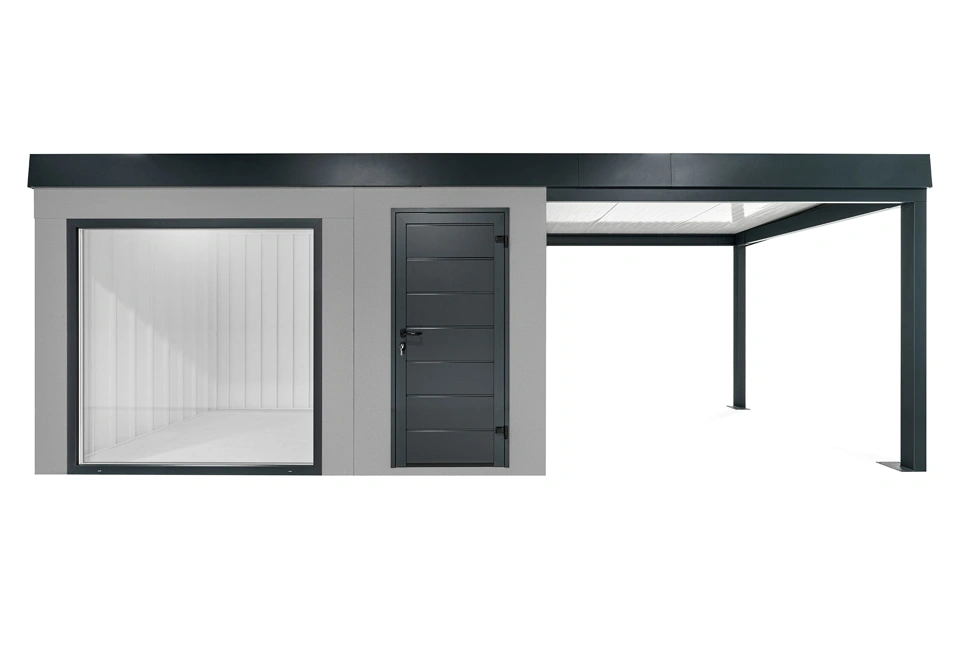 GARDEON® Zahradní domek s panoramatickým oknem, dveřmi Hörmann a přístřeškem