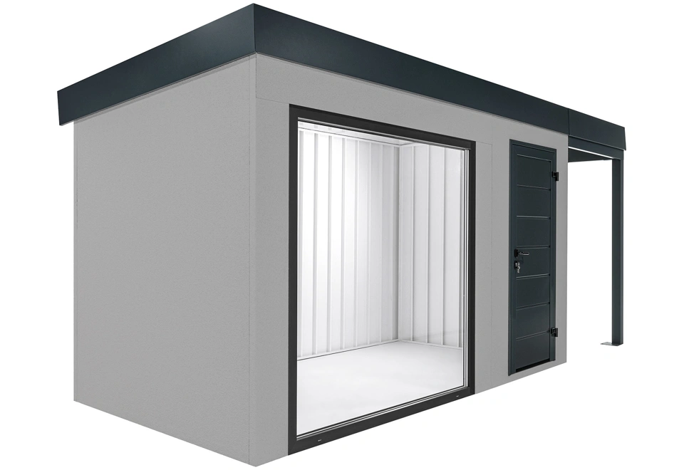 GARDEON® Zahradní domek s panoramatickým oknem, dveřmi Hörmann a přístřeškem