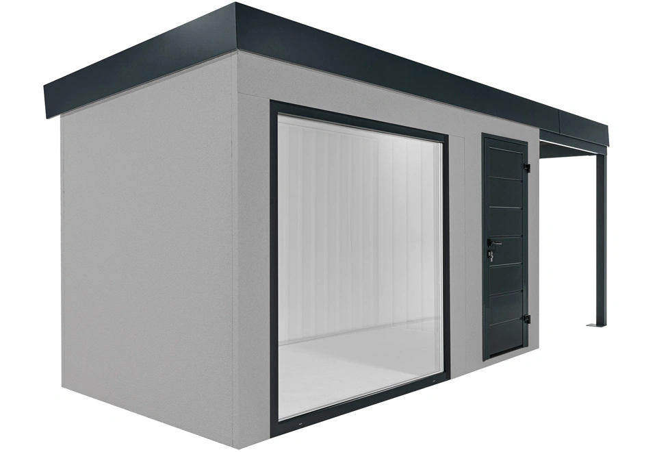 GARDEON® Zahradní domek s panoramatickým oknem, dveřmi Hörmann a přístřeškem