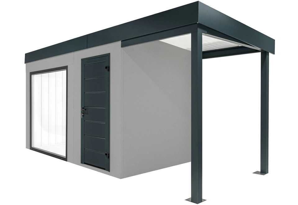 GARDEON® Zahradní domek s panoramatickým oknem, dveřmi Hörmann a přístřeškem