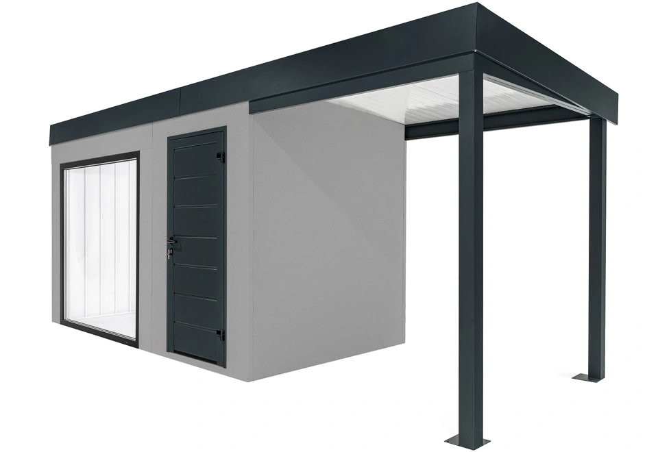 GARDEON® Zahradní domek s panoramatickým oknem, dveřmi Hörmann a přístřeškem