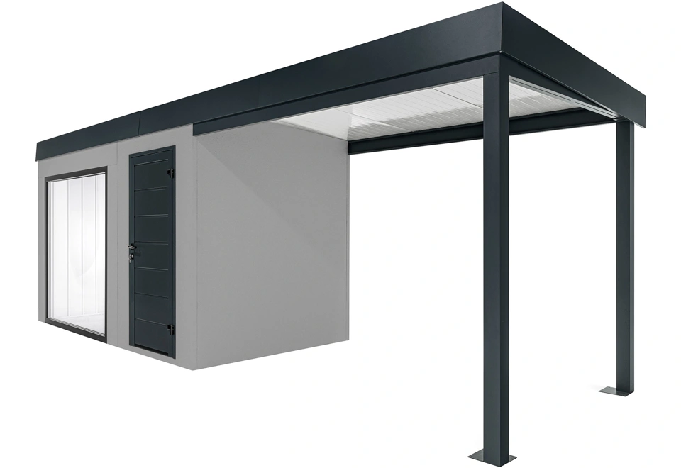 GARDEON® Zahradní domek s panoramatickým oknem, dveřmi Hörmann a přístřeškem