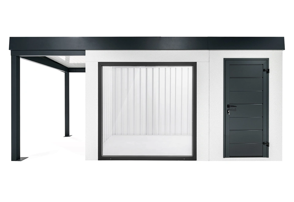 GARDEON® Zahradní domek s panoramatickým oknem, dveřmi Hörmann a přístřeškem