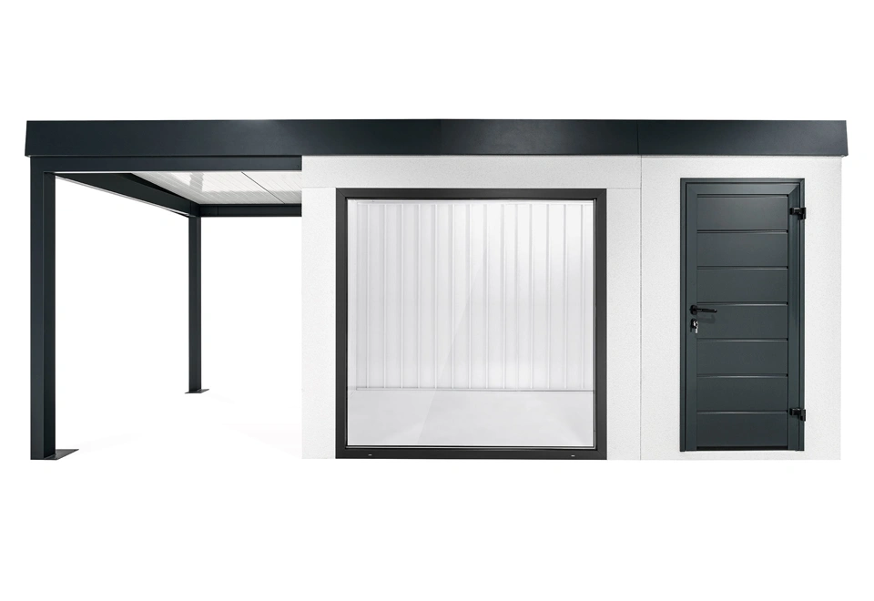 GARDEON® Zahradní domek s panoramatickým oknem, dveřmi Hörmann a přístřeškem