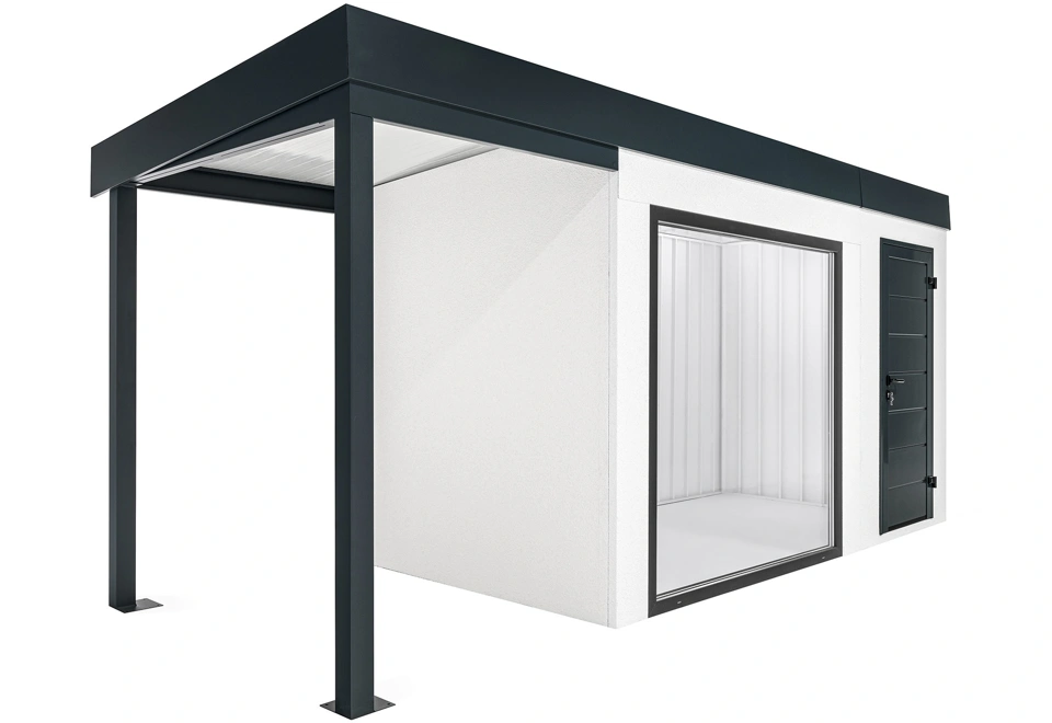 GARDEON® Zahradní domek s panoramatickým oknem, dveřmi Hörmann a přístřeškem