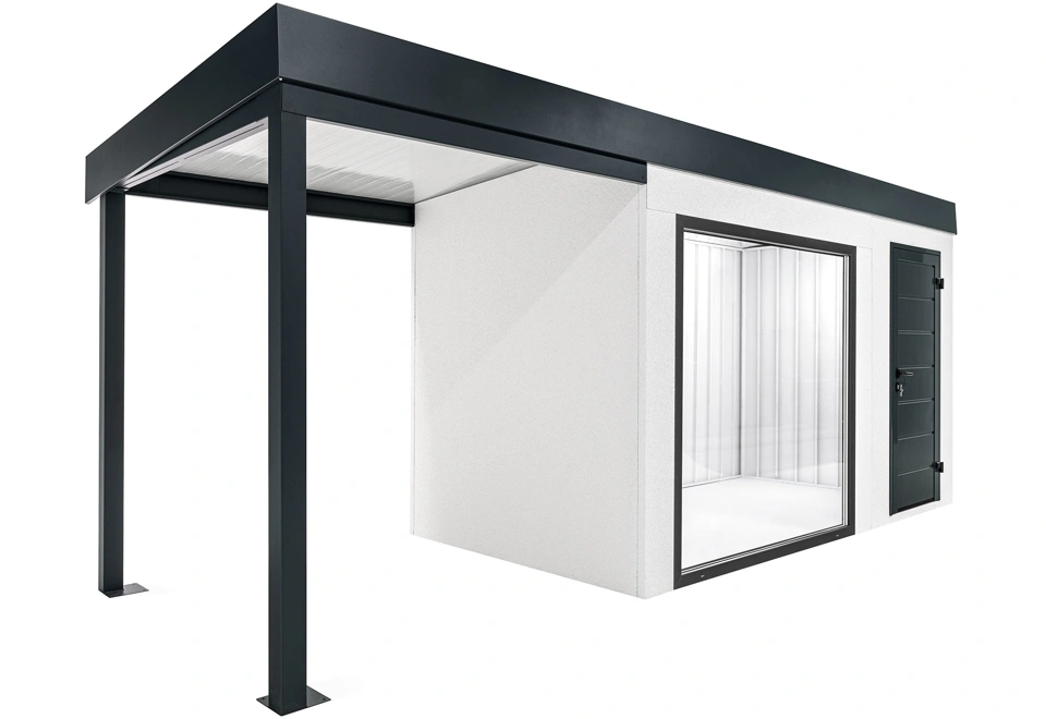 GARDEON® Zahradní domek s panoramatickým oknem, dveřmi Hörmann a přístřeškem