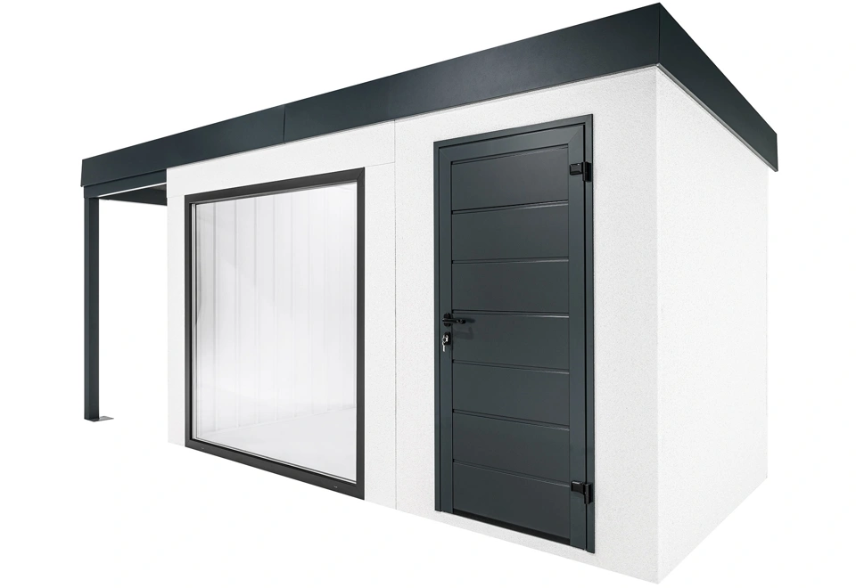 GARDEON® Zahradní domek s panoramatickým oknem, dveřmi Hörmann a přístřeškem