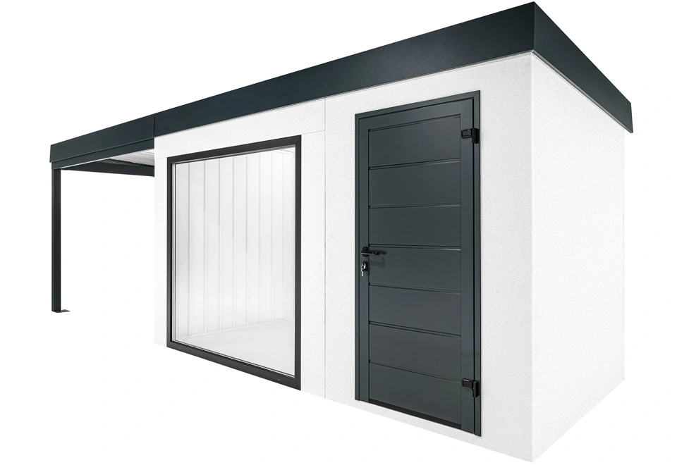 GARDEON® Zahradní domek s panoramatickým oknem, dveřmi Hörmann a přístřeškem