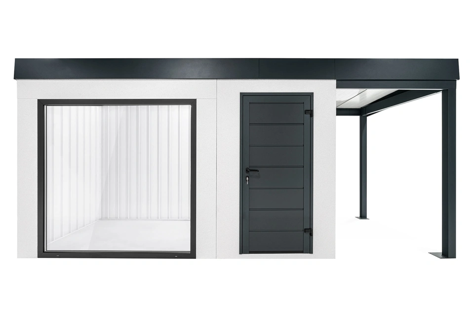 GARDEON® Zahradní domek s panoramatickým oknem, dveřmi Hörmann a přístřeškem