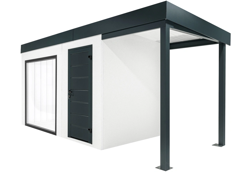 GARDEON® Zahradní domek s panoramatickým oknem, dveřmi Hörmann a přístřeškem